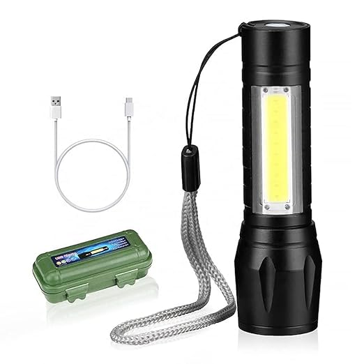 LED Torch Flashlight with COB Light Mini Waterproof Portable LED XPE COB Flashlight USB Rechargeable 3 Modes Light Flashlight with Hanging Rope Small Size [Black] [Pack of 1]